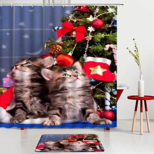 Christmas Tree Print Bathroom Sets Pet Cat Shower Curtains Bath Mats Entrance Door Mat Kitchen Room Decoration Non-Slip Carpet