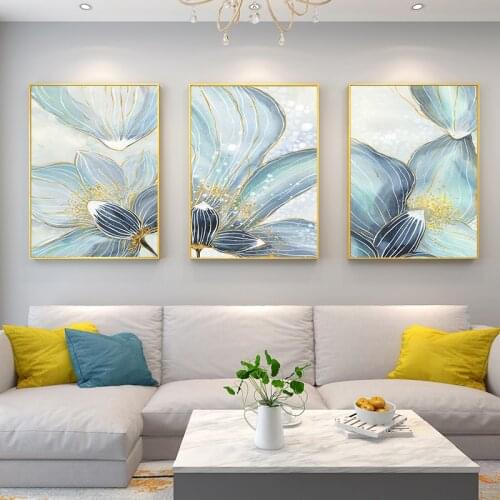 Nordic Abstract Golden Leaf Flower Wall Art Canvas Painting Blue Lotus Poster Print Wall Picture Living Room Bedroom Home Decor