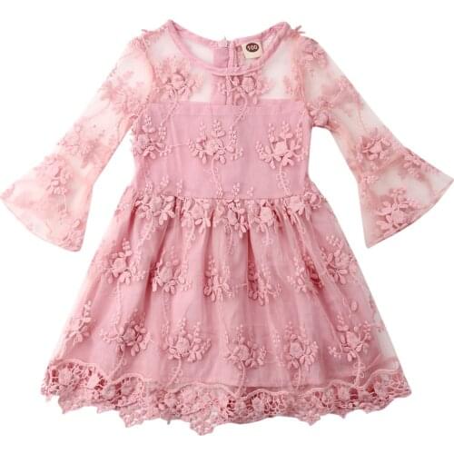 1-5T New Summer Kids Baby Girls Lace Pink Princess Party Dress Sundress Ruffle Flare Sleeve Dress