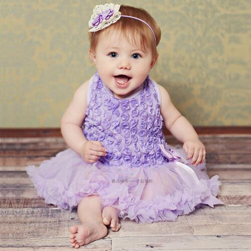 Babygirl First Birthday Princess Purple Rose Petals Lace Ribbon Decors TuTu One-piece Clothing Dress Party Costume Favors