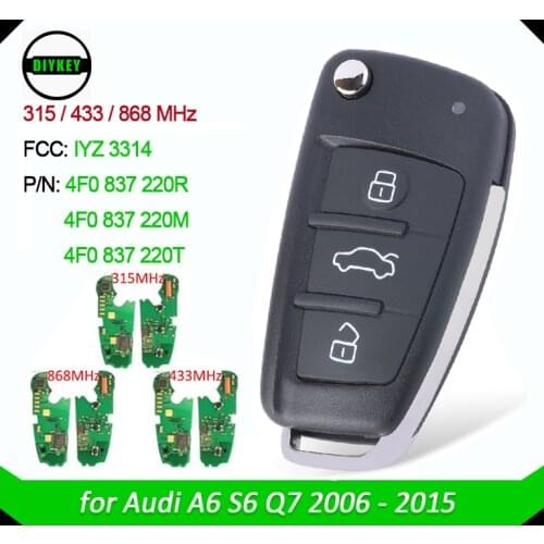 DIYKEY Remote Key Fob Control FSK 315/433/868MHz 8E Chip for Audi A6 S6 Q7 2004-2015 FCCID: IYZ 3314 P/N: 4F0837220 R / M / T