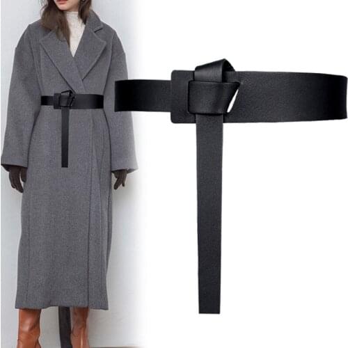 Genuine Leather Wide Knotted Belt Female Windbreaker Women Black Brown Long Solid Cow Leather Waistbands Dress Waist Cummerbunds