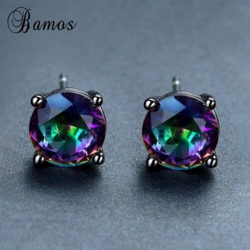 Bamos High Quality Mystic Round Cubic Zirconia Rainbow Earrings For Women Fashion Black Gold Filled Stud Earrings Gifts Ear0695