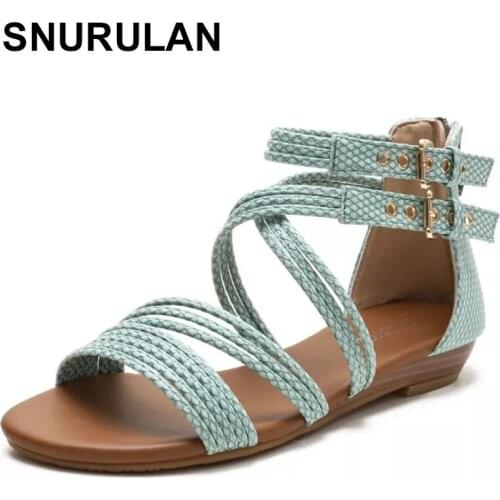 SNURULANWomen Sandals Double Buckle Narrow Band Flat Sandals Female Cross Tied Soild Shoes Sipper Cusual Footwear Lady 2021 New