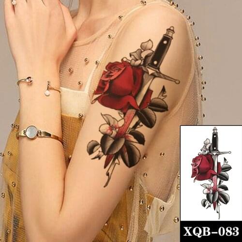 Waterproof Temporary Tattoo Sticker Sexy Red Rose Knife Realistic Design Fake Tattoos Flash Tatoos Arm Body Art for Women Men