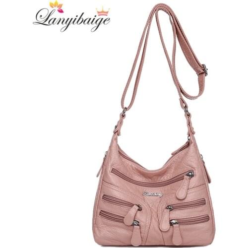 High Quality Soft PU Leather Handbags Casual Women Multi Pocket Messenger Bags Solid Color Ladies Simple Shoulder Bags Purse