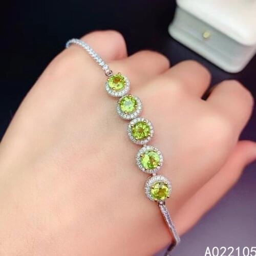 Fine Jewelry 925 Pure Silver Chinese Style Natural Peridot Girl Luxury Popular Round Gemstone Hand Chain Bracelet Support Detect