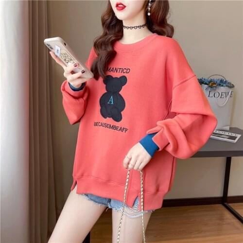 Women Sweatshirt Casual O-neck Oversize Hoodies Spring Autumn Thin Loose Hoody Harajuku Girls Cartoon Bear Embroidery Pullovers