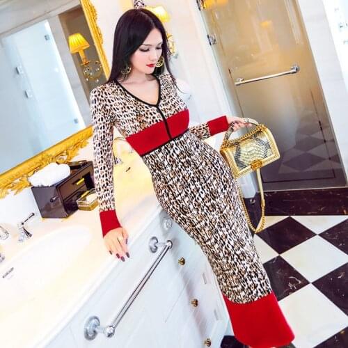 2021 New European American Printing High Waist Slim Stitching Dress Ladies Autumn And Winter V-Neck Long Skirt Shows Leg Vestido