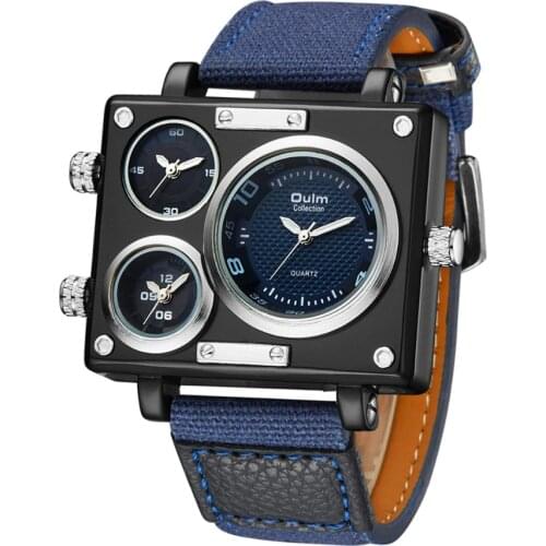 Mens Watches Top Brand Luxury Oulm 3595 Unique Designer Watches Men Fashion Square Big Face 3 Time Zone Casual Quartz Watch