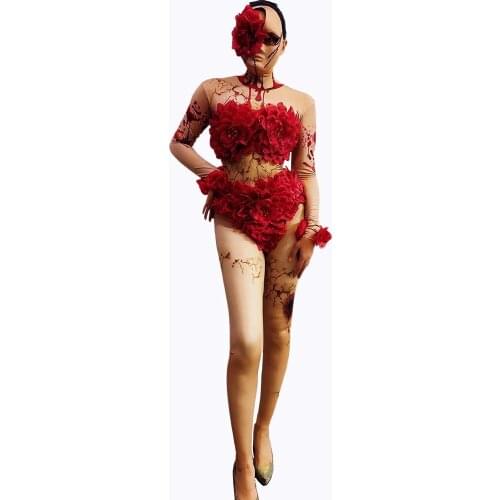 Floral Rhinestone Nude Spandex Jumpsuit With Mask Women Horror Doll Cosplay Costumes Halloween Role Playing Bodysuit Stage Wear
