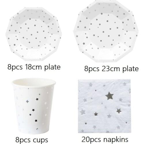 Wedding birthday decoration party disposable supplies silver star tableware set disposable paper plate straw cup hot silver