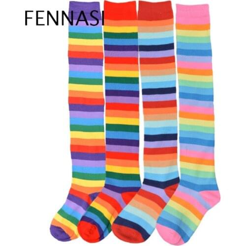 FENNASI Rainbow Stripes Sweet Lady Stockings Japanese Cute High Elasticity Over Knee Stockings Soft Breathable Womens Stockings
