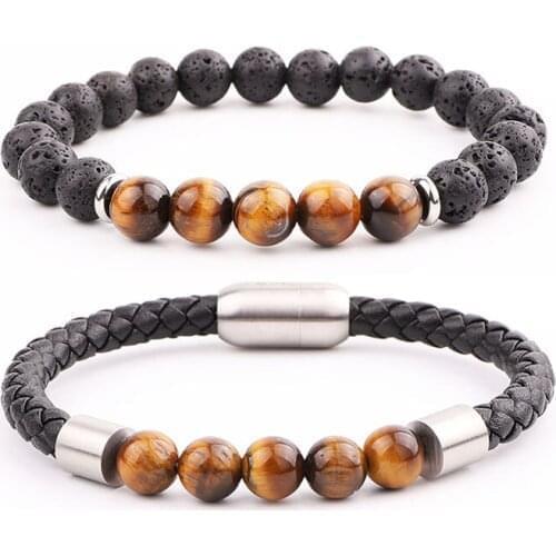 Jaravvi High Quality New Design Stainless Steel Clasp Natural Stone Genuine Leather Bracelet Set Men