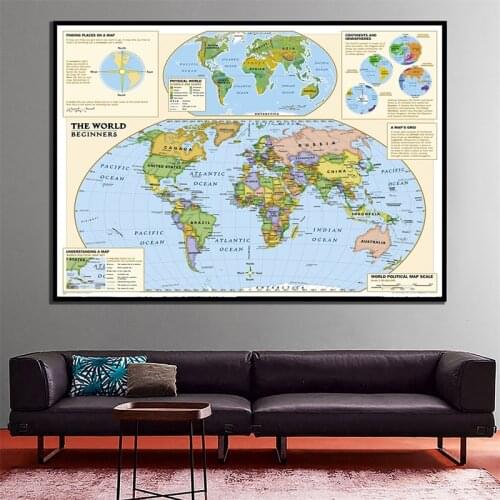 Physical World Map 150x100cm Non-woven Foldable Map with Detailed Label Without National Flag for Beginner Home Decor