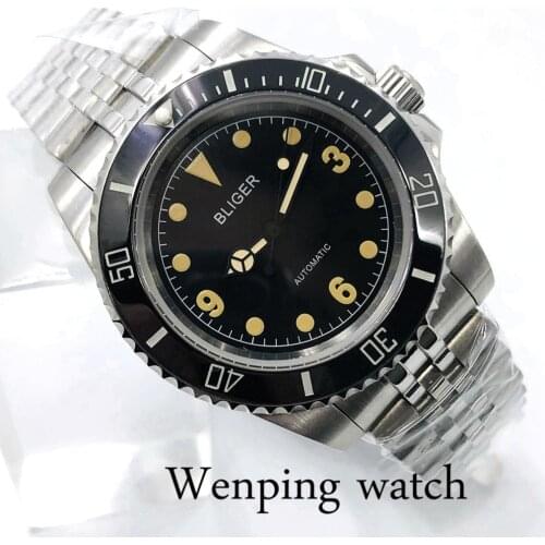 Bliger new 40mm mens top watch silver case sapphire glass ceramic bezel luminous stainless steel mens automatic watch