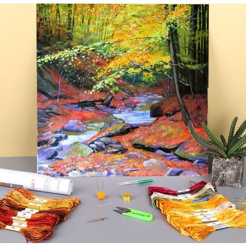 Landscape Autumn Forest Printed Canvas 11CT Cross-Stitch Kit DIY Embroidery DMC Threads Sewing Painting Handmade Decor