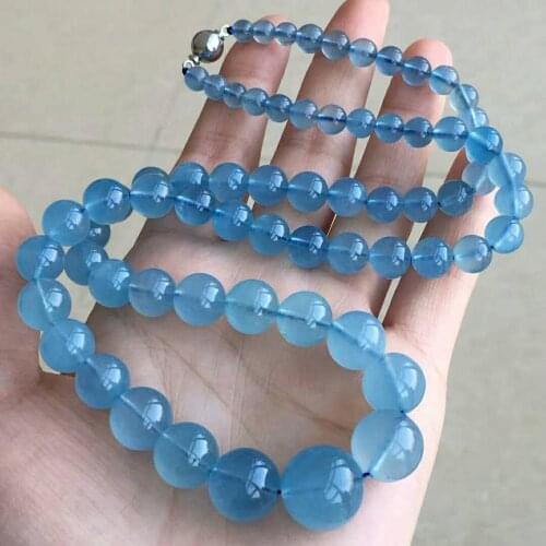 5-15mm Natural Blue Aquamarine Clear Necklace Clear Round Beads Woman Pendant Charms Crystal Woman Healing Stone AAAAAA