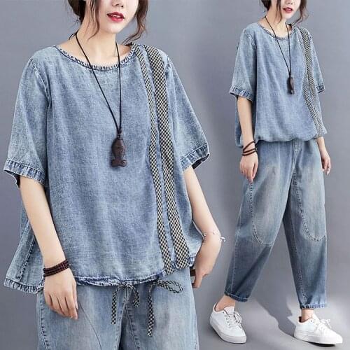 2021 Summer New Womens T-shirt Retro Age-reducing Plaid Stitching Tshirt Thin Denim Short-sleeved Shirt Plus Size Slimming Tops