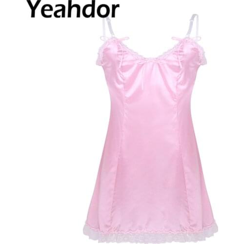 Men Adults Sissy Sleepdress Smooth Satin Adjustable Spaghetti Shoulder Straps V-neckline Low Back Gay Fancy Vintage Slip Dress