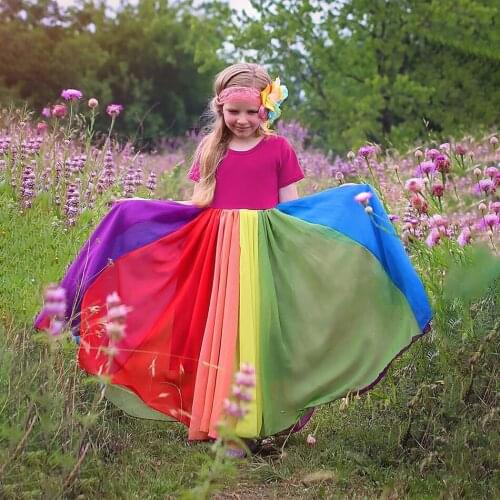 Girls Casual Dress Toddler Clothing 2021 Summer Hawaii Beach Vacation Dress Girls Short-sleeved Rainbow Princess Dress 12M-8T