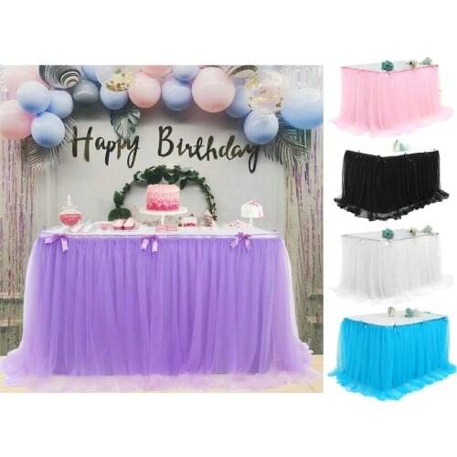 Tulle Table Skirt for Wedding Decor Birthday Baby Shower Party Decoration Tablecloth Bowknot Two Layer Ice Silk Fabric