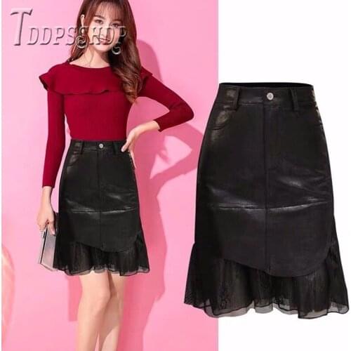 2019 Autumn Winter High Waist Lace Patchwork Women Pu Leather Skirt Fashion Female Skirts