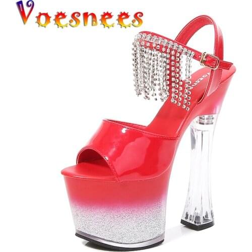 Voesnees New Sandals Women 2021 High Heel Platform Diamonds Square Heel Fringe Sexy Party Shoes Heels 17 CM High Ladies Shoes