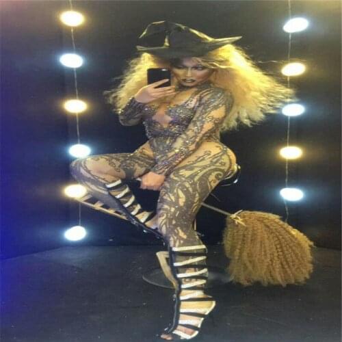 S30 Ballroom dance sexy costumes Black diamonds long sleeve one-piece trousers jumpsuit women show bodysuit pole dancer wears