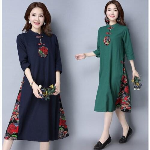 Dresses Women 2018 Spring Summer National Style Patchwork Dress Folk Reformation Cheongsam Cotton Linen Loose Retro Dress TA1240