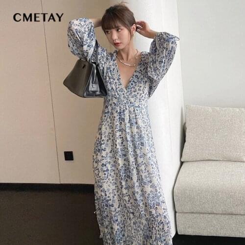 Women Chiffon Long Dress Floral Print Lantern Sleeve Sexy V-neck Long Dress Vestidos Autumn 2021 Elegant Retro Party Dresses