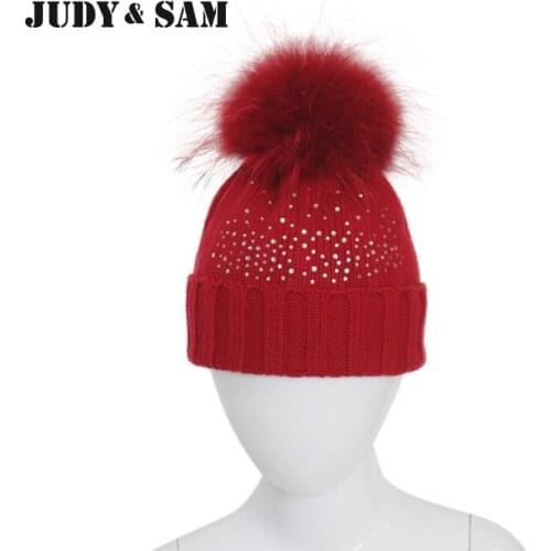 Winter Raccoon Fox Fur Pom Pom Diamond Beanite Hat For Girls Boys Fur Ball Baby Beanies Cap Crochet Kids Knitted Hats