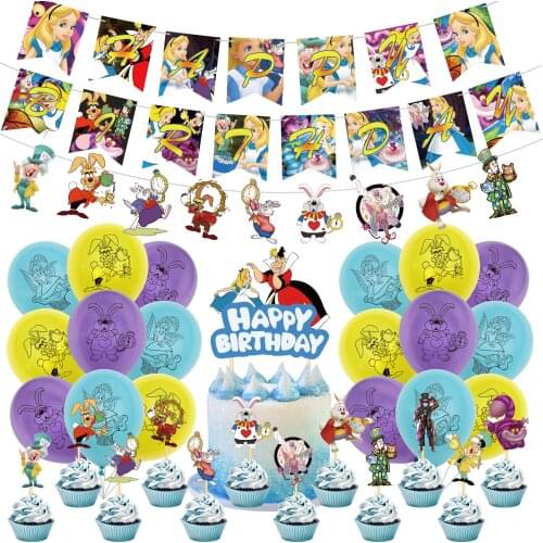 1set Alice in Wonderland Balloons Disney Alice Princess Baby Girls Happy Birthday Party Decoration Banner Cake topper Supplies