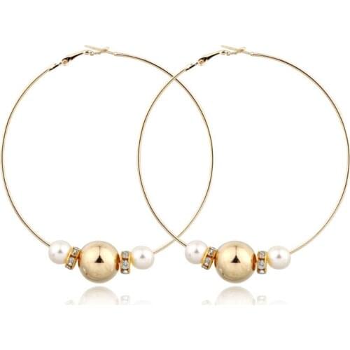 1Pair Bohemia Simple Personality Cute Exquisite Bead Large Hoop Earrings Metal Color Charm Peal Earrings For Women JewelryE78-3