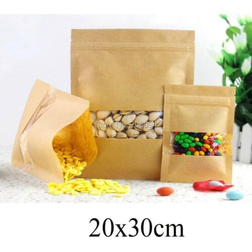 100PCS 20*30cm(7.87''*11.81'') Brown Zipper Kraft bag,Window Kraft paper bag with ziplock for Candy/Coffee/Tea/gift paper pouch