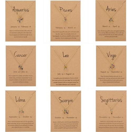 12 Zodiac Sign Necklaces with Gift Card Constellations Pendant Gold Chains Colorful Zircon Choker Women Fashion Birthday Jewelry