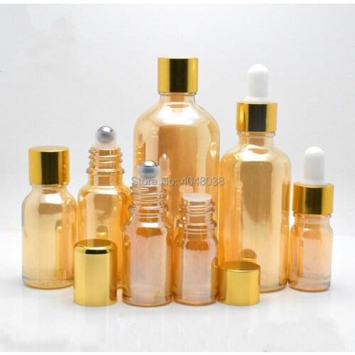 Gold Glass Roll on Bottle Amber Aroma Packaging Vial Cosmetics Roller Toner Dropper Bottle Gold Cap Essential Oil Bottles 15pcs