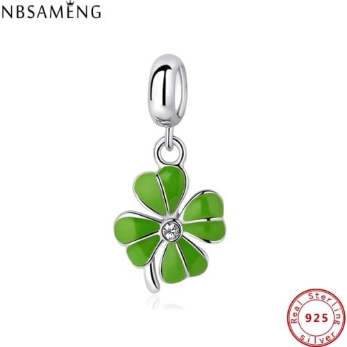 100% 925 Sterling Silver Charm Bead Lucky Four Leaf Clover Charms Green Enamel Fit Bracelets Necklaces Women Diy Jewelry