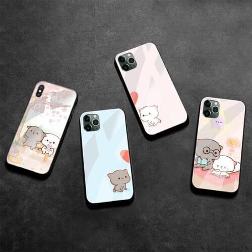 Cute Cartoon Peach Cat Phone Case Tempered Glass For iPhone 12 Pro Max Mini 11 Pro XR XS MAX 8 X 7 6S 6 Plus SE 2020 cover