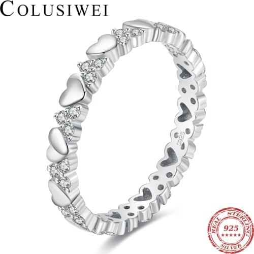 COLUSIWEI Genuine 925 Sterling Silver Glittering Zircon Cute Heart Stackable Ring for Women Girl Girlfriends Valentines Jewelry