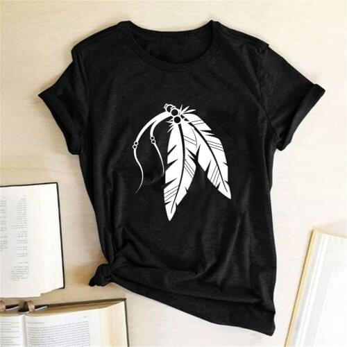 Retro Feather Printed Tee Shirt Femme Short Sleeve Summer Loose Tops Women Clothes Mujer Camisetas Vintage Print Women T Shirt