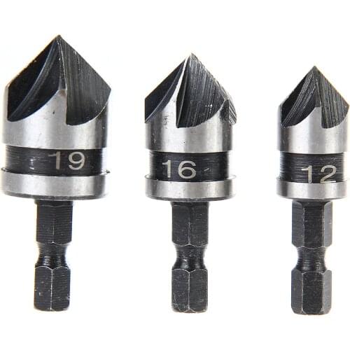 3pcs 1/4 Hex 5 Flute Countersink Drill Bit 90 Degree Chamfer Deburring End Mill Cutters for Metal Woodworking Deburring Tools