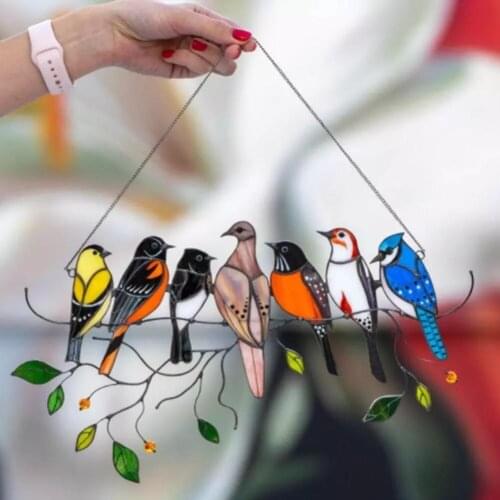 Creative Outdoor Decor Window Panel Stained Glass Birds-on-a-wire Window Panel Hanging Catcher Home Decoration Accessories