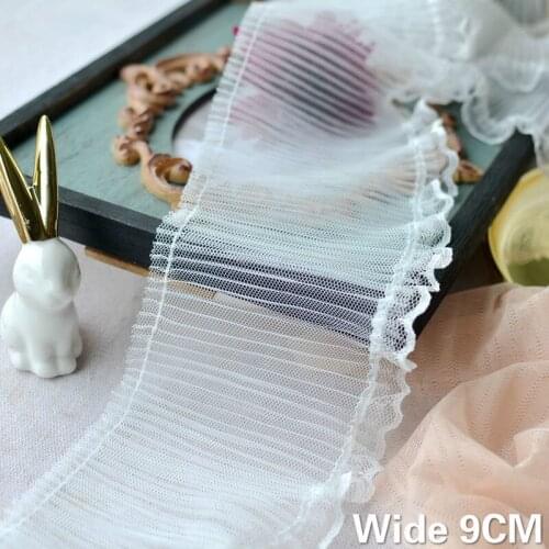 9CM Wide White Black Tulle Lace Fabric Pleated Mesh Embroidery Ribbon Elastic Ruffle Trim Garment Curains Sewing Patchwork Decor