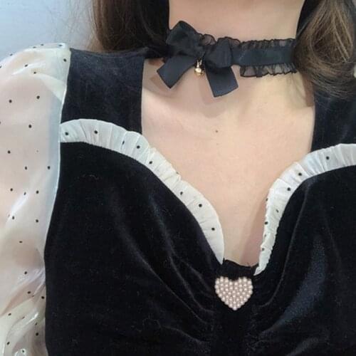 Japanese Lolita Lace Choker Necklace with Bracelet Wristband Set Sweet Ruffled Lace Bowknot Bell Collar Gothic Punk Cosplay