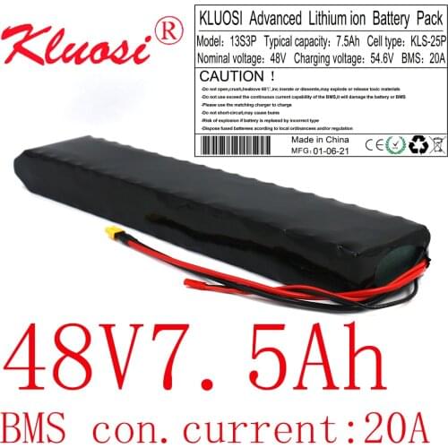 KLUOSI 48V 7.5Ah 13S3P 8Ah 250W 450W 550W 750W 54.6V Rechargeable Lithium Battery Pack Built-in 20A BMS for Scooter Ebike Motor
