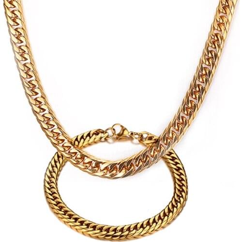 Men Boys Hip Hop Style Gold Color Stainless Steel Double Link Chain Curb Necklace Bracelet Jewelry Set 18"-30"
