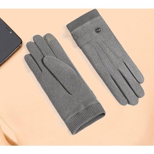 Men Winter Warm Touch Screen Faux Suede Gloves Plush Lining Knit Cuff Mittens X7JB