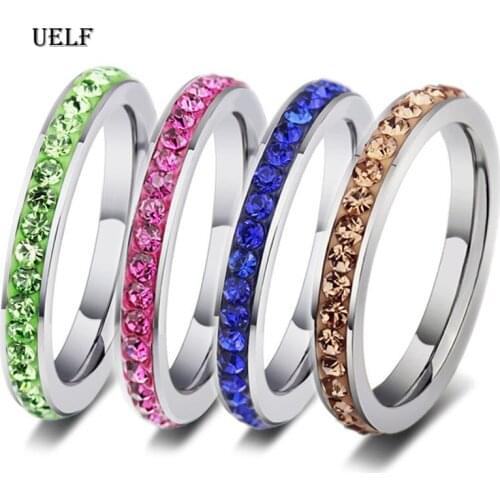 Uelf New Arrival Green Pink Colorful Ring Ring For Women With Crystal Wedding Band Ring Width Size 7-11 Gift For Men