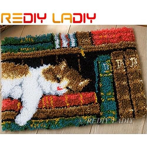 Latch Hook Rug Kits Crocheting Carpet Rug Sleeping Cat Acrylic Yarn Pre-Printed Canvas Cushion Mat DIY Crochet Tapestry Crafts